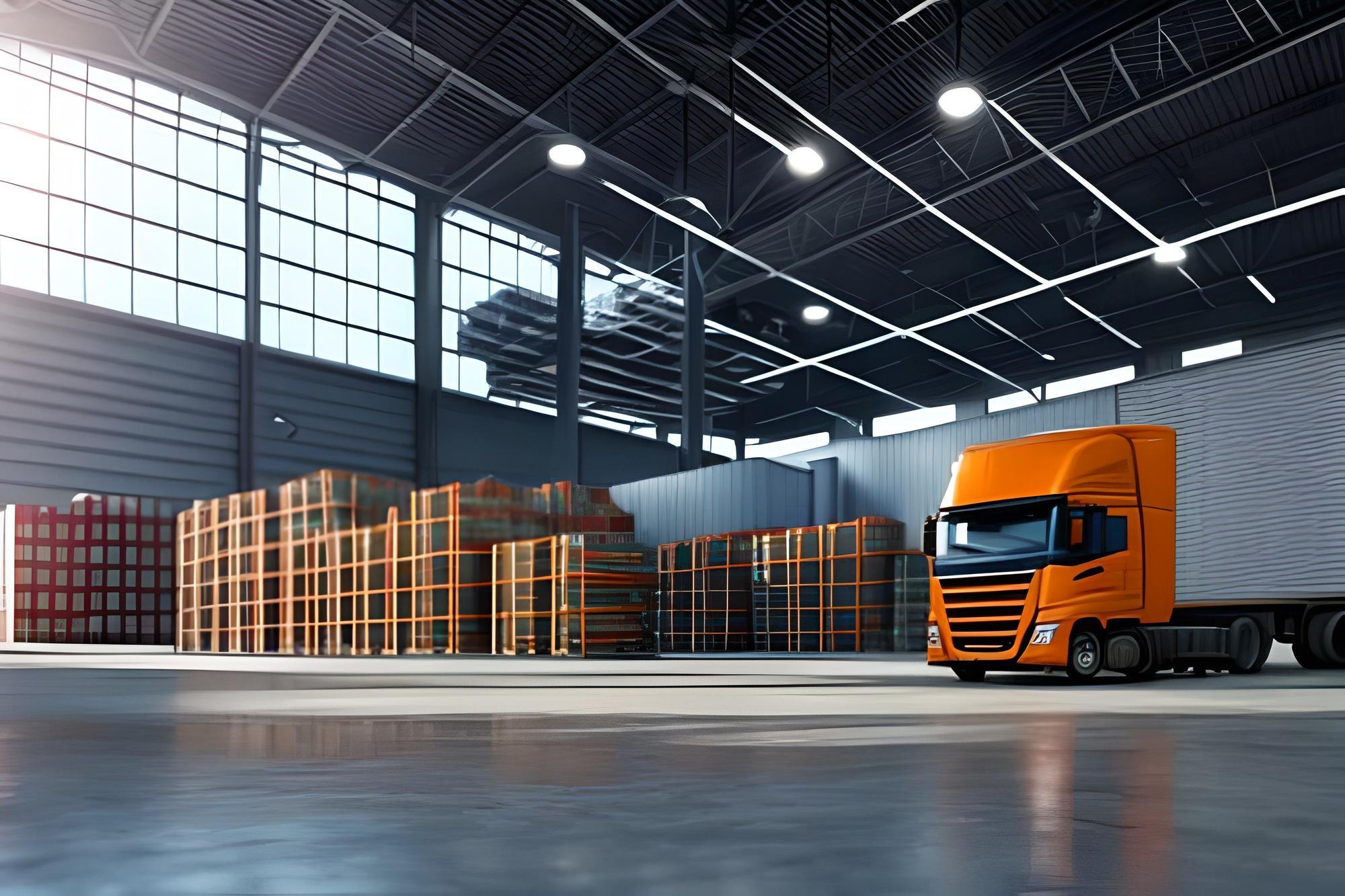 Orange truck warehouse with pallets background